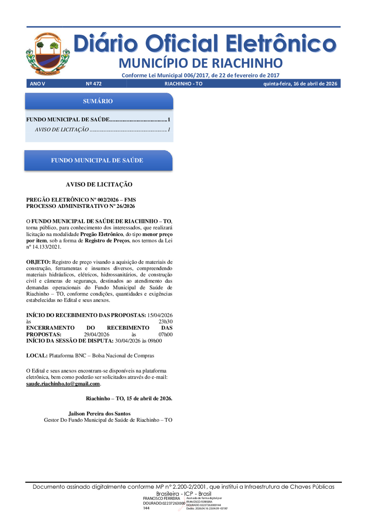 Diário Oficial N° 472