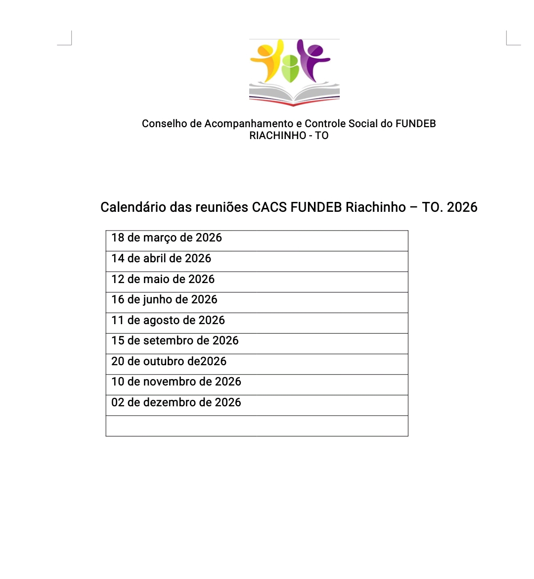 CALENDÁRIO DAS REUNIÕES.